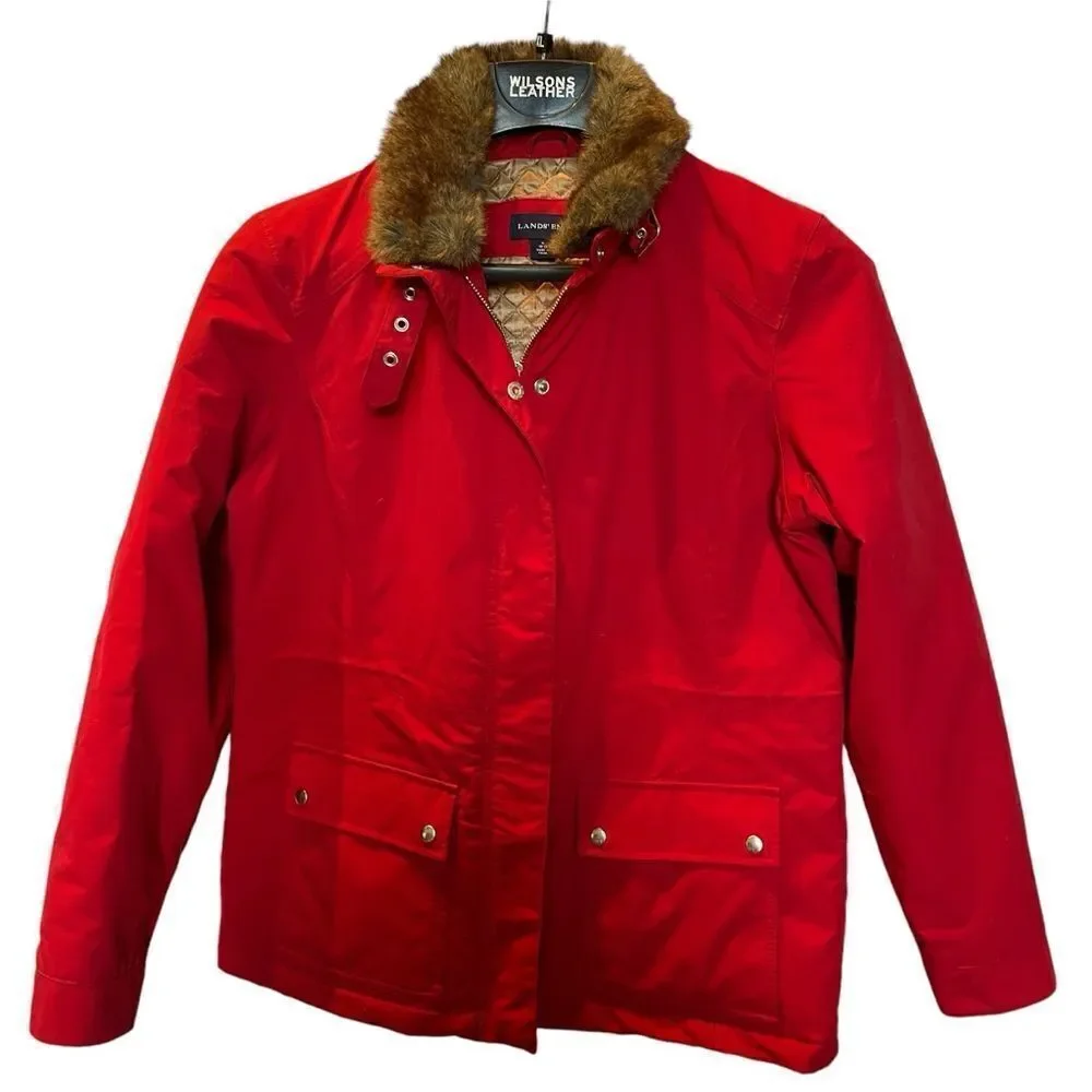 Lands' End Women's Red Winter Coat with Faux Fur Collar Lined Size M(10-12)